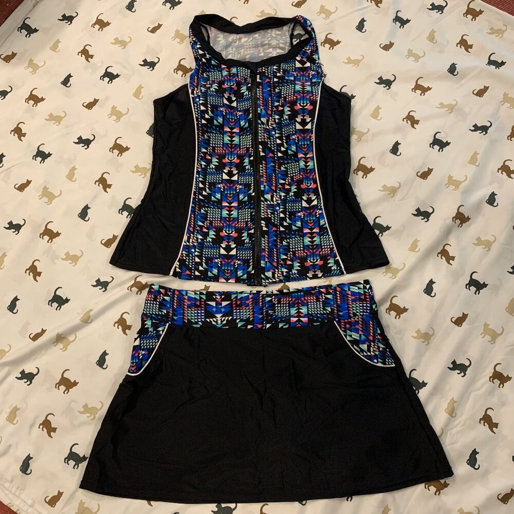 Geometric Print Zipper Front Tankini Set